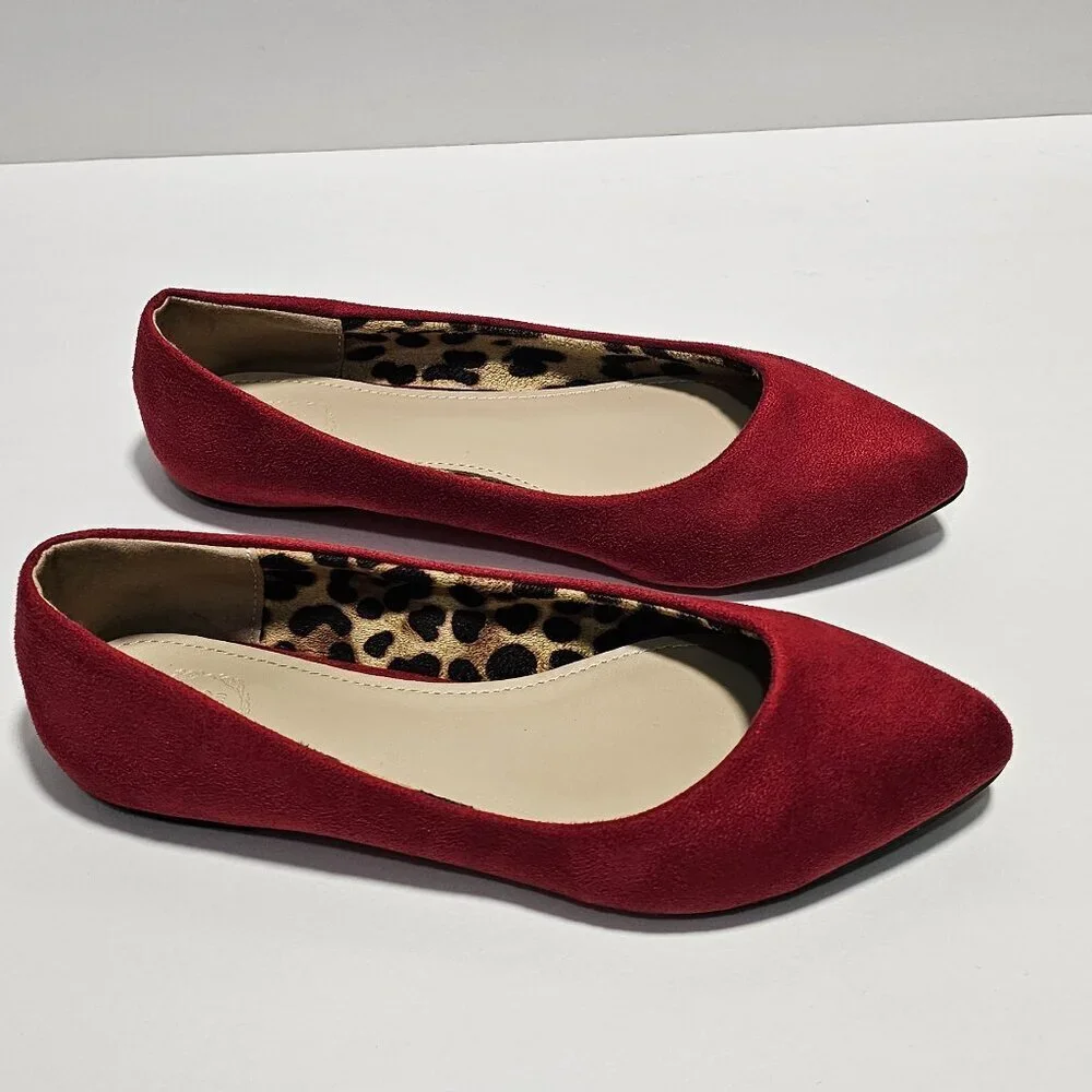 Ollio Red Faux Suede Slip On Flats - Picture 2 of 6